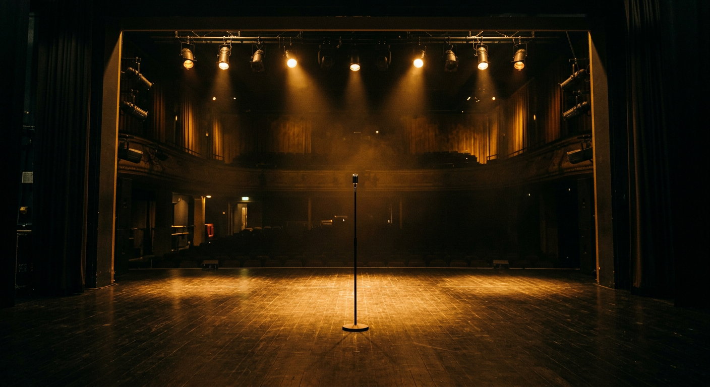 Generated atmosphere: an empty amber stage and a microphone stand. Not a photograph of Gift Lubele.