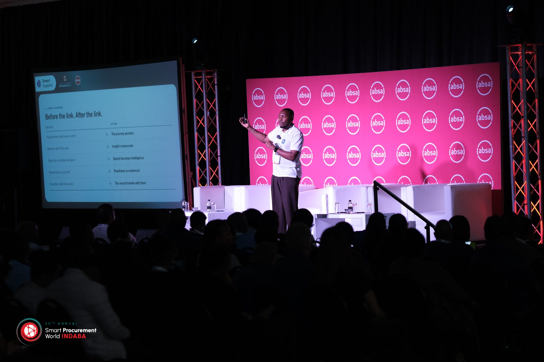 Wide view of Gift Lubele presenting at Smart Procurement World Indaba, full stage, Absa wall, and seated audience. Photograph.